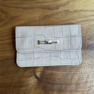 Longchamp Le Roseau Beige Croc-Embossed Leather Wallet Gold-tone Bamboo Front